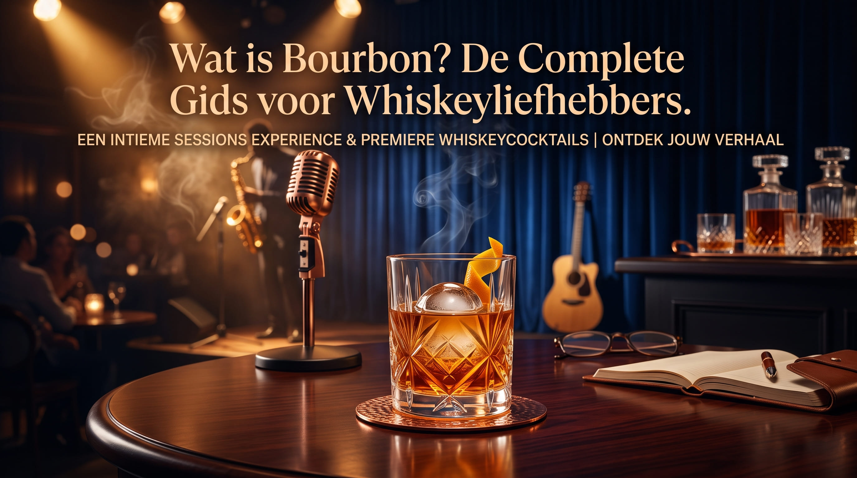 Een whiskeyglas met een bol ijs en een sinaasappelschil op een ronde tafel, met een microfoon en een open notitieboek